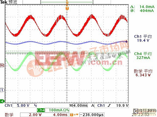 輸出回收電解電容（470uFX2）時的電流、電壓波形